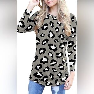 Leopard Print Long Sleeve Tunic Top with Button Detail